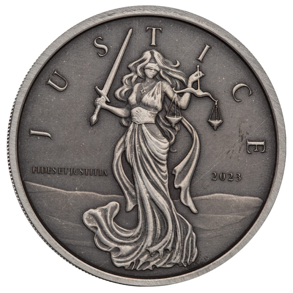 2023 Gibraltar Lady Justice 1 oz 999 Silver Antique Finish Scottsdale Mint 04