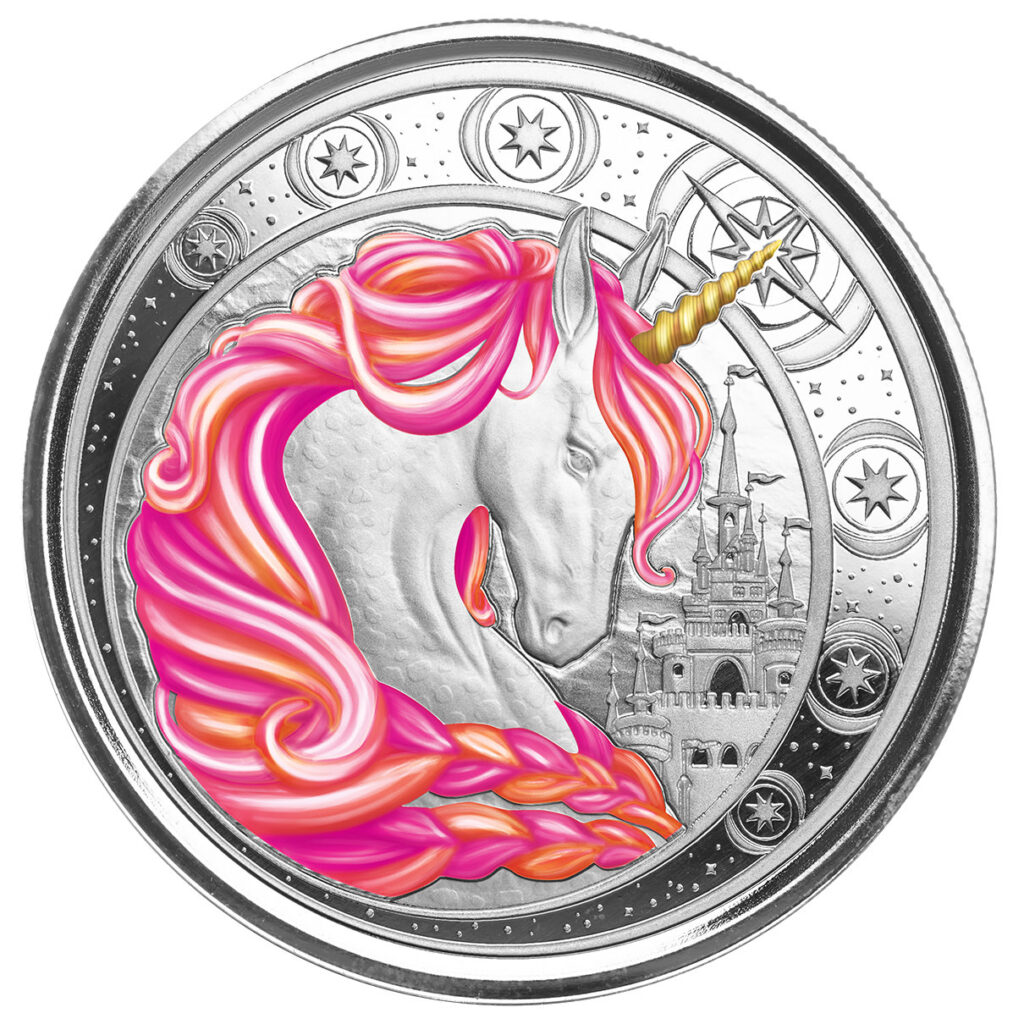 2023 Ghana Unicorn Jubilee 1 Troy Oz 999 Fine Silver Pink Color Proof Coin Scottsdale Mint 01