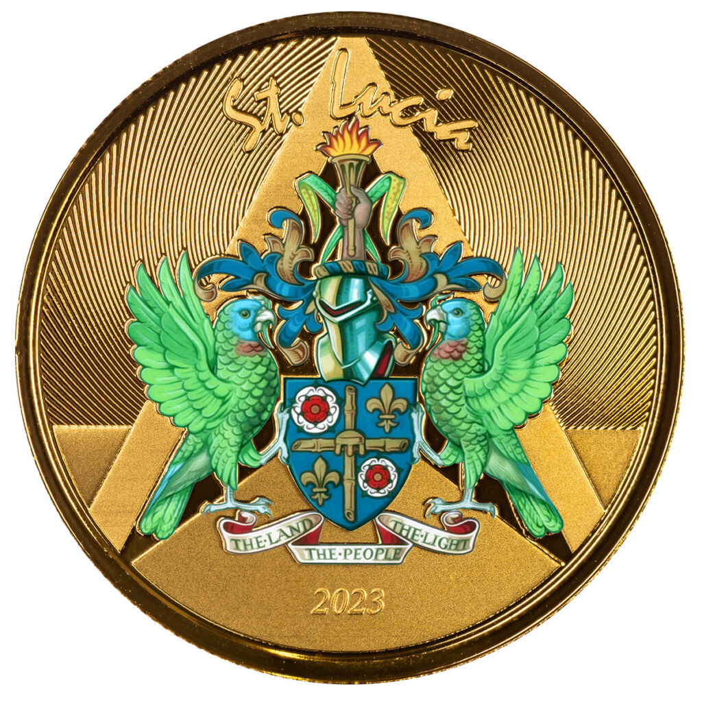 2023 Ec8 St Lucia Coat Of Arms 1 Troy Ounce 9999 Fine Gold Color Proof Coin 04
