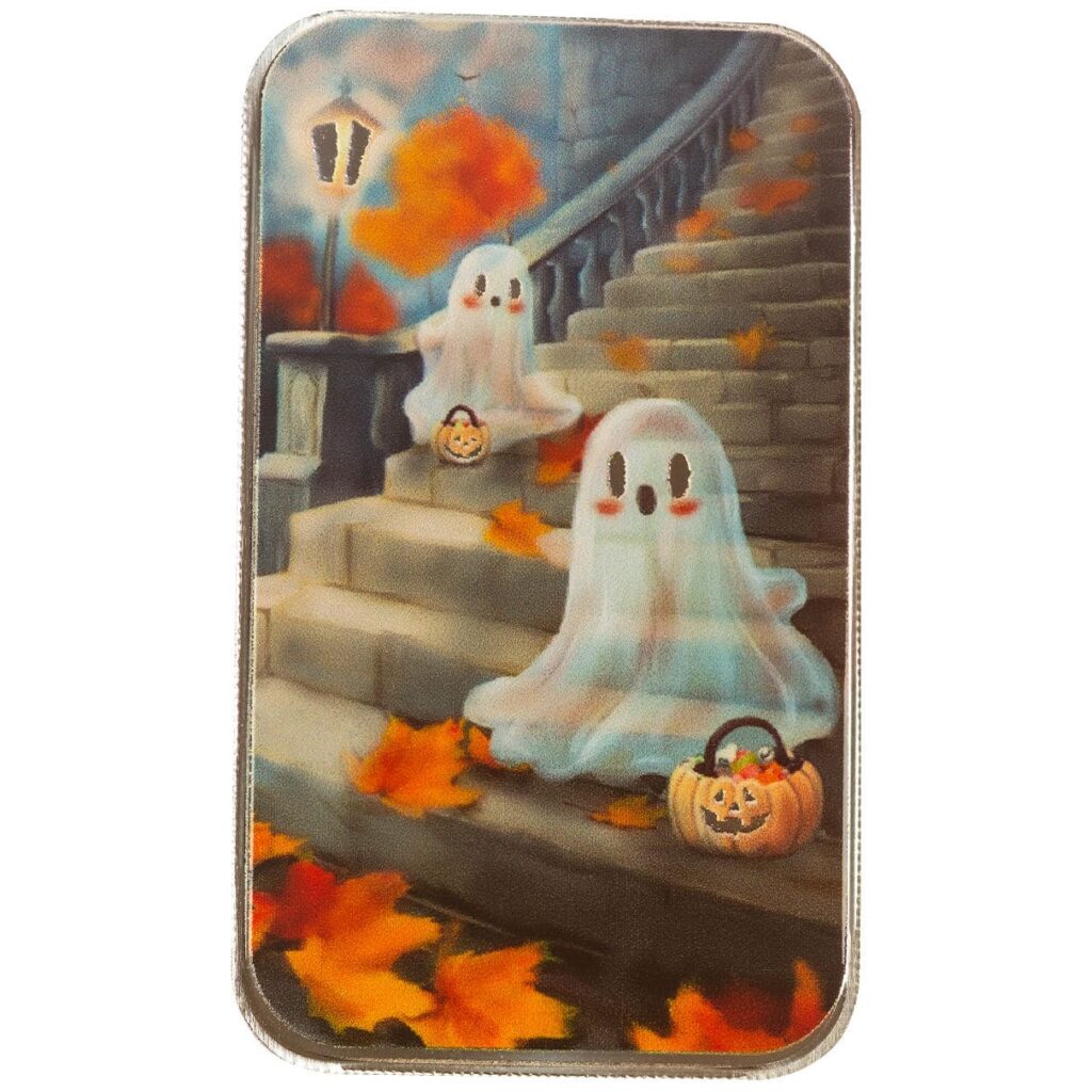 2024 Scottsdale Mint Halloween Spooky And Sweet Ghosts 1 Troy Ounce 999 Fine Color Silver Bar 02