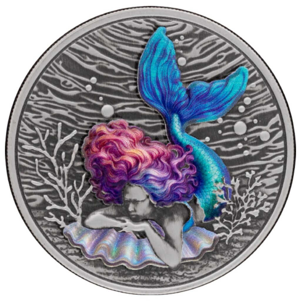 2026 Samoa Mermaid Under The Sea 1 Oz Silver Antiqued & Colorized Coin Obverse